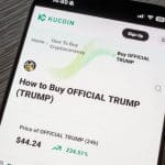 Een afbeelding van de memecoin_cryptomunt_altcoin official Trump (TRUMP) op cryptobeurs KuCoin, met daarbij een groene prijs