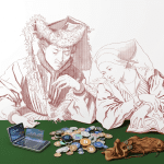 Ilustración creada con Gemini de Google, inspirada en Los cambistas de Marinus van Reymerswaele.