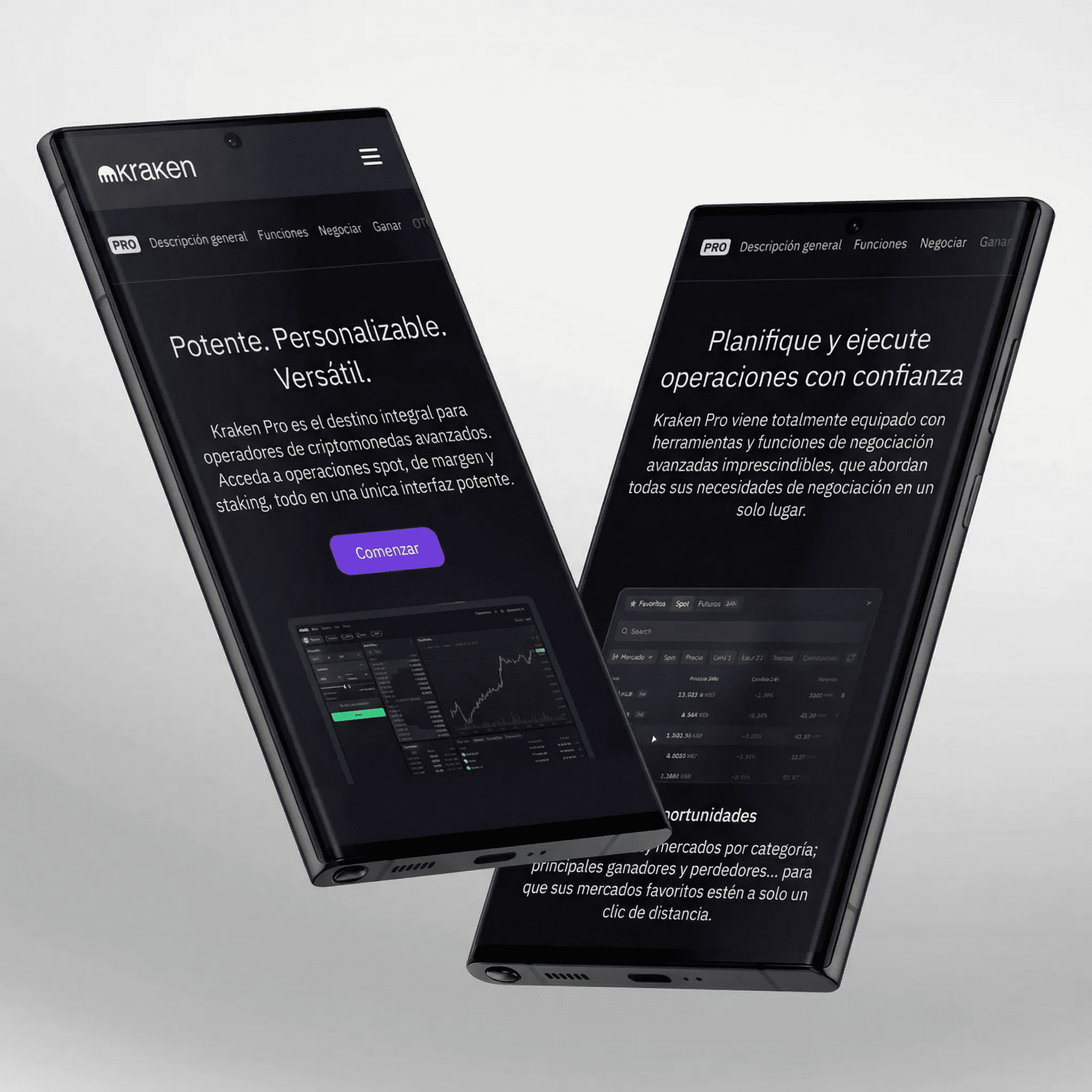 Aplicación Kraken Pro mostrando la plataforma avanzada de trading de criptomonedas en dispositivos móviles